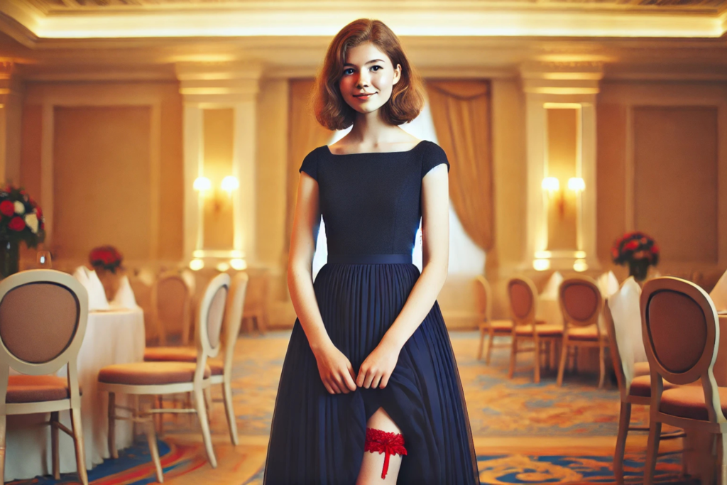 Młoda kobieta na studniówce w granatowej sukience do kolan, stojąca pewnie w eleganckiej sali balowej. Na lewej nodze widoczna subtelnie czerwona podwiązka. Stylizacja łączy skromność z klasą.