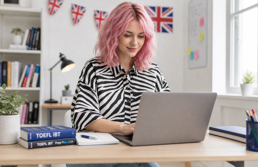 Fotorealistyczna scena przedstawiająca studentkę siedzącą przy biurku z laptopem i materiałami do TOEFL. W tle widoczne są elementy związane z nauką języka angielskiego, co podkreśla temat przygotowania do egzaminu online.
